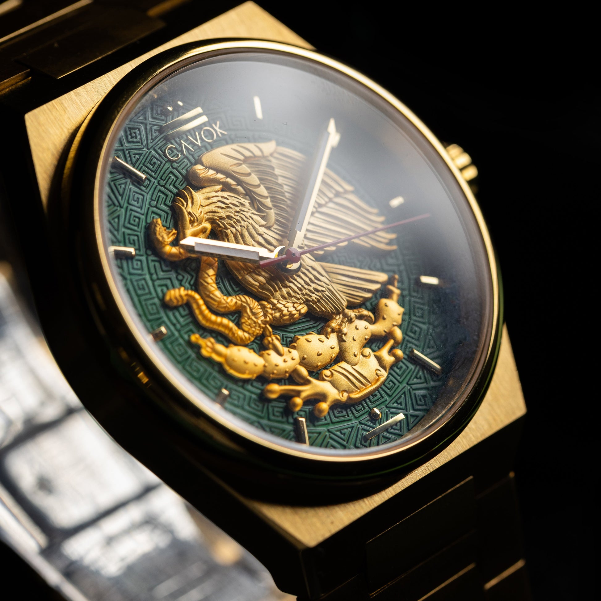 Mexican Eagle Watch with intricate design on a dark background